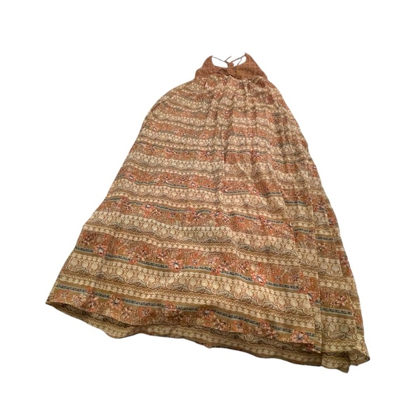 Bohemian Brown Maxi Dress-Crocheted Halter-Size Large-Front Drawstring - Picture 7 of 11